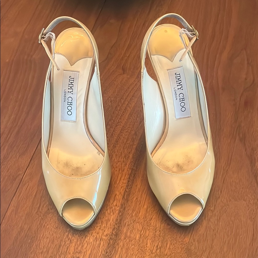 Jimmy Choo Cream Patent Peep-Toe Slingback Heels